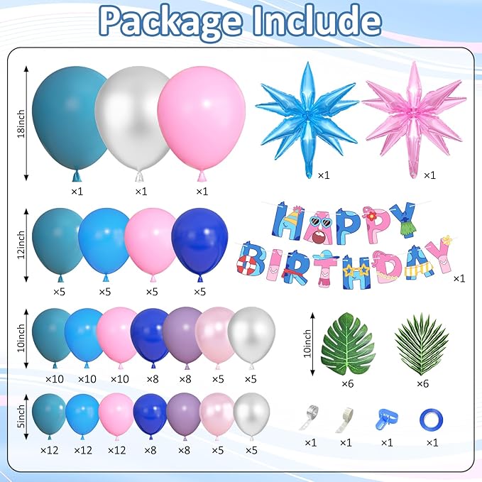 Ouddy Life 160Pcs Pink and Blue Balloons Arch Kit Purple Metallic Silver Star Foil Balloon Happy Birthday Banner Palm Leaves for Birthday Hawaii Tropical Summer Baby Shower Cartoon Party Decorations