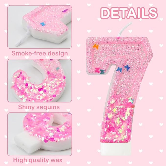 Pink Sequin Birthday Candles, Cake Number Candles, Girls 0th Birthday Decorations, Suitable for Birthday Parties, Anniversary Party Decorations(7)
