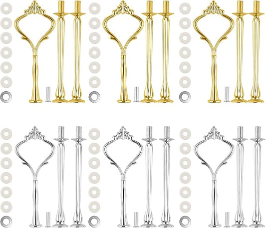 6 Set Large Tiered Tray Hardware for Cake Stand Mold Crown upgrade 3 Tier Cake Stand Fittings Hardware Holder for Party and Wedding Making Resin Cupcake Dessert Platter Serving Stand (Gold & Silver)