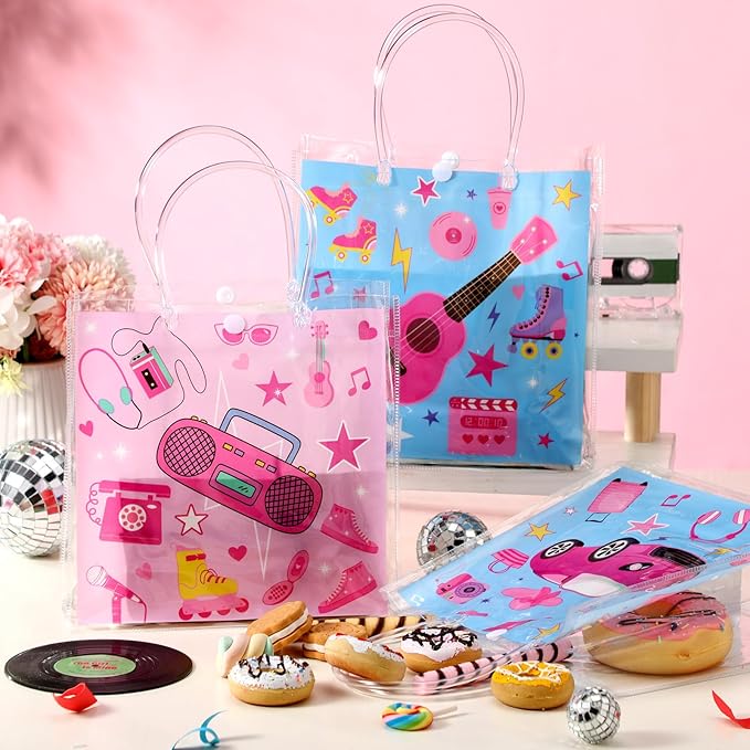 Aliceset 24 Pcs Gift Bags with Handle Clear PVC Candy Treat Goodies Tote Bags for Summer Birthday Party Favor Supplies