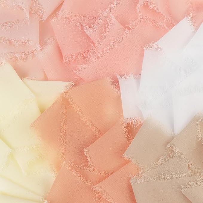 Handmade Fringe Chiffon Silk Ribbon 1.5 Inch x 3Yd Peach/Blush/Pink Soft Colorful Frayed Chiffon Ribbon for Wedding Invitation Flower Bouquets Gift Wrapping Bridal Shower