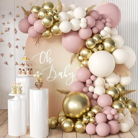 MEBAY Pink White Gold Balloons Arch Kit, 155Pcs Dusty Pink Matte White Metallic Gold Balloon Garland for Birthday Bridal Baby Shower Wedding Confession Proposal Party Decorations