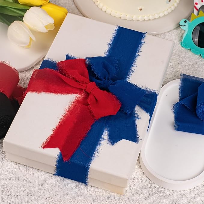 Chiffon Ribbon, Black Red Blue Silk Ribbon, Spider Theme Party Decoration, 1-1/2''x21Yd Handmade Frayed Fringe Ribbon for Wrapping, Floral Vase, Crafts, Invitation Card, Birthday, 3 Rolls