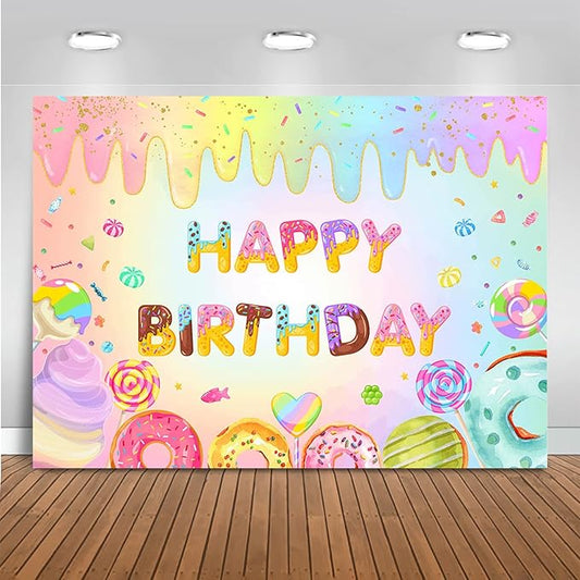 Mocsicka Donut Happy Birthday Backdrop for Girls Sweet Candy Birthday Party Decorations Background Cake Table Banner Donut Ice Cream Birthday Photography Background (10x8ft(120x96 inch))