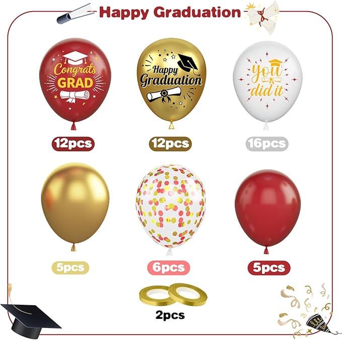 Burgundy and Gold Graduation Balloons Graduation Decorations 2026, 60Pcs Print Congrats Grad Balloons, Maroon Gold Confetti Latex Balloon, Class of 2026 Grad Party Decorations for College High School