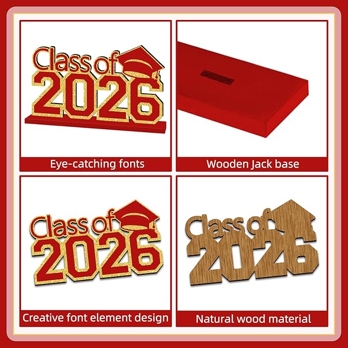 4Pcs Red and Gold Graduation Decorations Class of 2026 Congrats Grad Wooden Table Centerpieces Grad Table Toppers Congratulate Tiered Tray Decor for 2026 Graduation Decorations