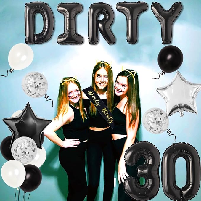 30th Birthday Party Decorations Silver and Black, Dirty Thirty Banner Balloon Dirty 30 Sash Cake Topper for for Her Him 30 Years Old Birthday Party Supplies