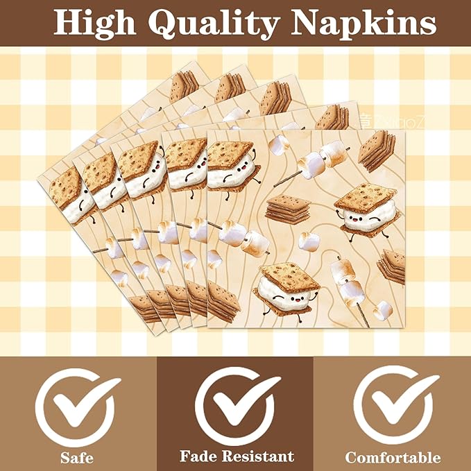 Smores Camping Birthday Party Decorations, 96PCS Camping Disposable Paper Plates and Napkin Tableware Decoration Let‘s Have S'more Fun Forks Decor Baby Shower Supplies, Serves 24