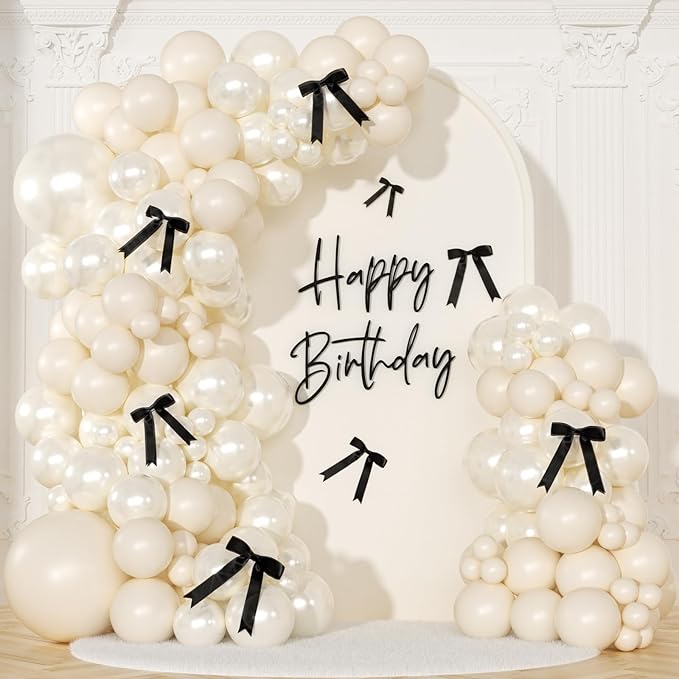 White Sand Balloon Arch Kit 141 Pcs Cream Beige Balloons Garland Arch Kit with Black Bow for Coquette Birthday Wedding Baby Shower Bridal Shower Decorations