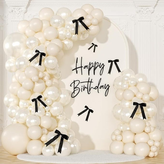 White Sand Balloon Arch Kit 141 Pcs Cream Beige Balloons Garland Arch Kit with Black Bow for Coquette Birthday Wedding Baby Shower Bridal Shower Decorations