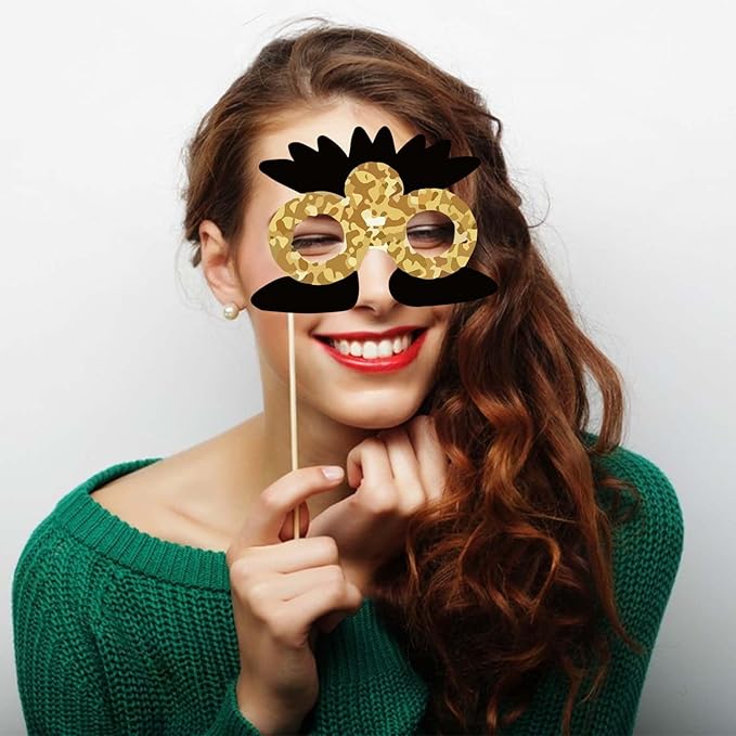 16 PCS Birthday Photo Booth Props Kit, Black & Gold Party Photo Booth Props Set, Easy-to-Assemble DIY Party Shooting Props, Birthday Selfie Props, Prom Photo Booth Prop for Women, Girls