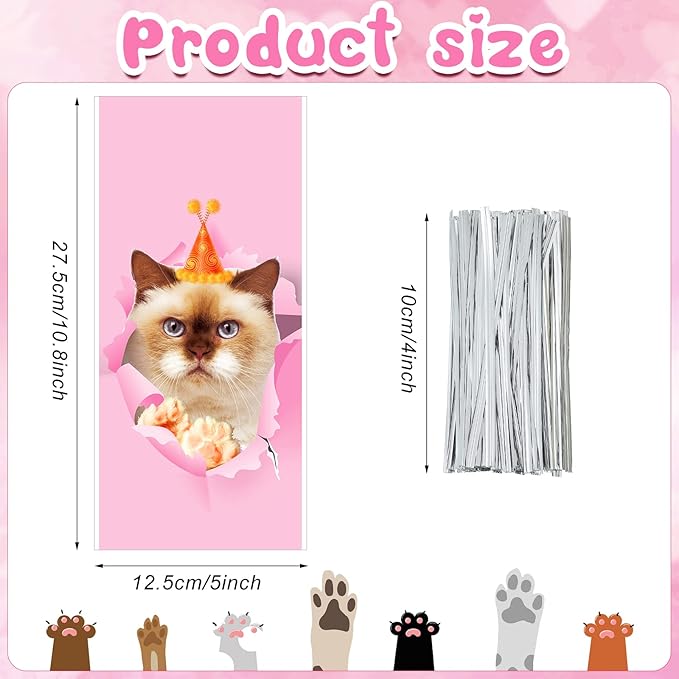 Hotop 100 PCS Cat Cellophane Bags Gift Treat Goodie Candy Party Favor Bag with 150 Ties Kitty Themed Birthday Decorations Supplies for Kids Home Classroom Baby Shower
