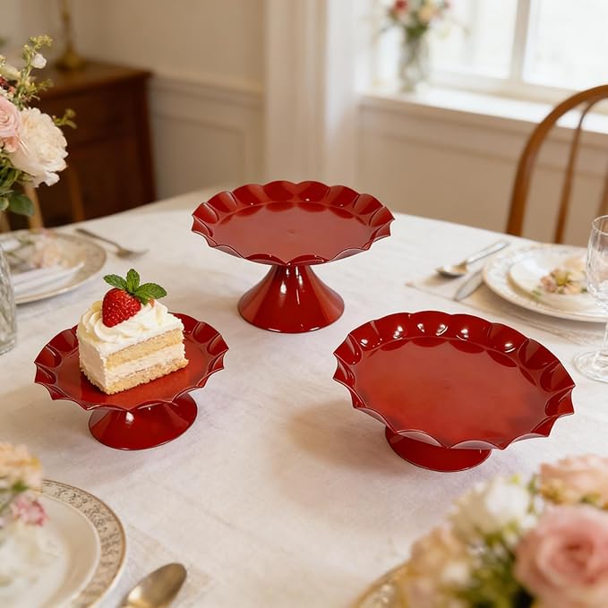 3 Tier Metal Cake Stand Set, Scalloped Edge Cupcake Tray Dessert Display Platter, Decorative Serving Stand for Wedding, Birthday, Tea Party (Red)