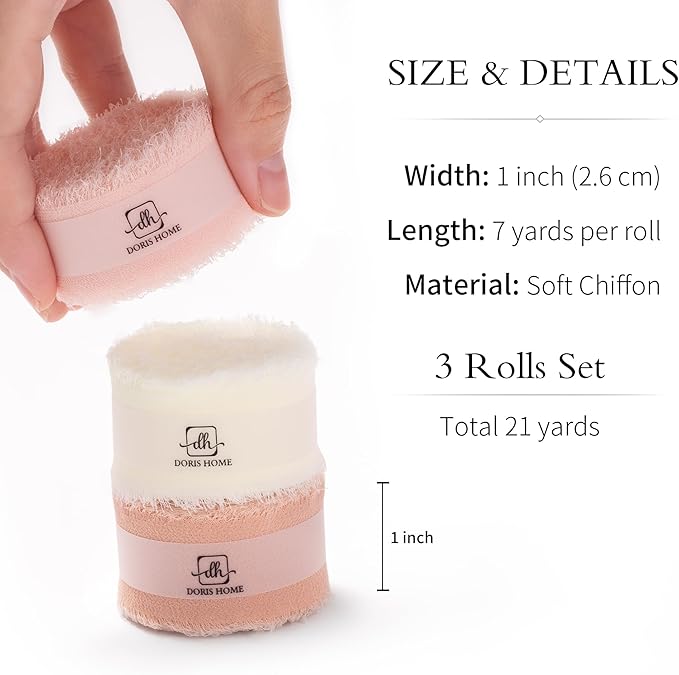 DORIS HOME Pink and Cream Chiffon Ribbon for Flower Bouquet, 1" x21Yd Fabric Ribbon for Gift Wrapping, Handmade Frayed Ribbon for Wedding Invitations/Christmas Decorations