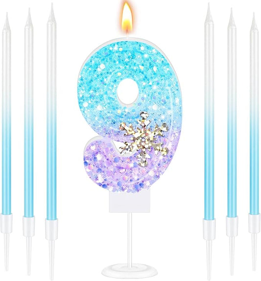 MTLEE Number 9 Birthday Candle Blue Snowflake with 6 Long Thin Cupcake Candles Blue Sparklers Glitter Number Happy Birthday Cake Topper Decorations for Winter Party Supplies