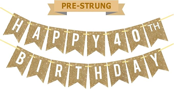 Netnology Pre-Strung Gold Happy 40th Birthday Banner Decorations,12 ft No DIY Gold Glitter 40th Birthday Party Banner Sign Decor for Women Men Girl Boy Party Supplies