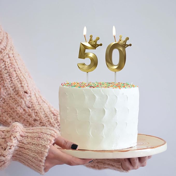 The Number 50 Gold Birthday Candles for Cake is Beautiful Number Candles for 50th Birthday Decorations for Man and Women (Gold-50, Crown)