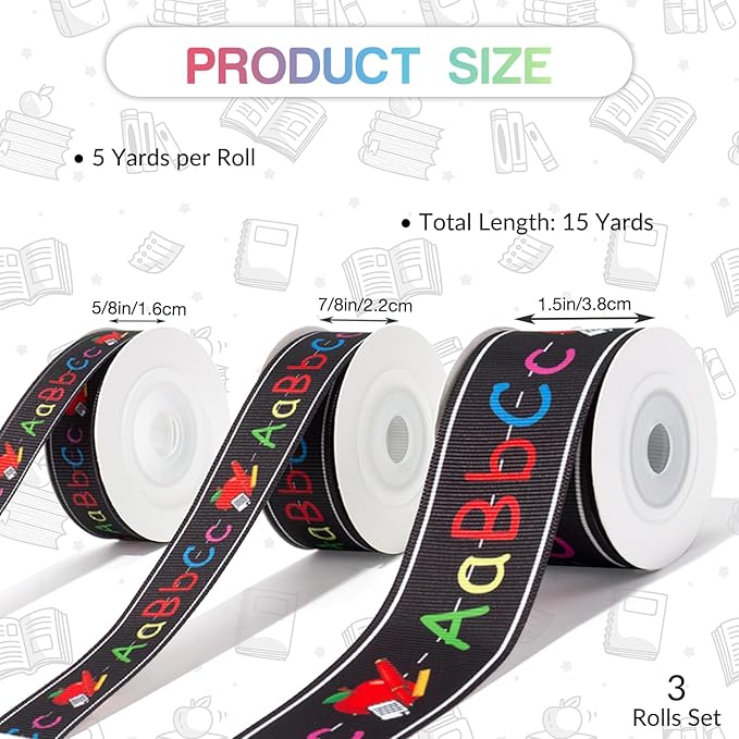 Back to School Themed Grosgrain Ribbon 3 Rolls Set 5/8" 7/8" 1.5", ABC Alphabet Apple Print Craft Fabric Ribbon for Teacher Appreciation Wreath Garland Bows Sewing Gift Wrapping Classroom Party Decor