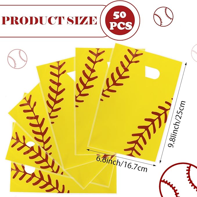 Hxezoc 50 Pieces Softball Gift Bags with Handle, Plastic Treat Candy Bag Sport Favor Bags For Kids Birthday Party Decoration Supplies (Yellow)