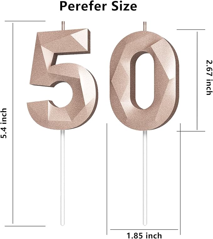 Number Birthday Candles(50 Candle Rose Gold) 3D Diamond Shape Number Happy Birthday Cake Candles for Birthday Party Wedding Decoration Reunions Theme Party