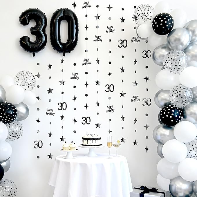 GCQQ Black 30th Birthday Decorations - 46FT Happy 30 Circle Dot Birthday Star Garlands 4Packs Dirty 30 Year Old Paper Hanging Streamer Banner Backdrop for Men Women Anniversary Party Decor