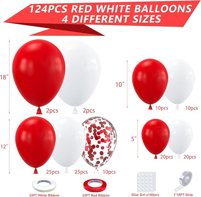YAOWKY Red and White Balloon Garland Arch kit,124PCS 18 12 10 5 Inch Matte Red Matte White Christmas Latex Balloons and Red Confetti Balloons for Wedding Birthday Party Valentine's Day Decoration
