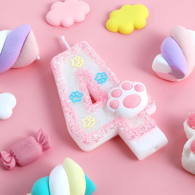 AKURIEEY Dog and Cat 4th Birthday Candle Pink Numbers 4 Candle Paw Cake Topper Cupcake Decorations for Pet Theme Party Decor Anniversary Celebrations Supplies
