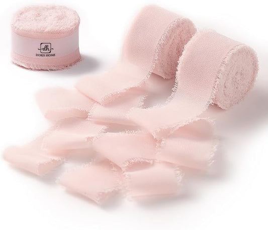 DORIS HOME Pink Chiffon Ribbon for Flower Bouquet, 1" x21Yd Fabric Ribbon for Gift Wrapping, Handmade Frayed Ribbon for Wedding Invitations/Christmas Decorations