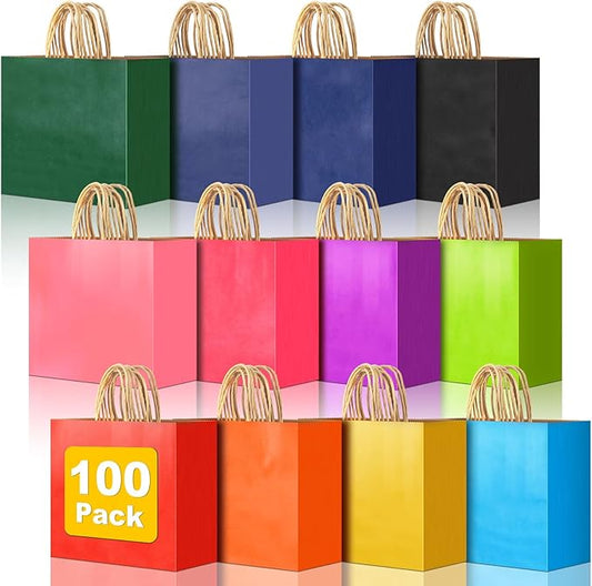 100 PCS Large Gift Bags with Handles, 12.61"x4.33"x9.65" Party Favor Bags, 12 Colored Goodie Bags for Birthday Party, Kraft Paper Gift Bags Bulk for Wedding, Baby Shower, Celebrations, Party Supplies