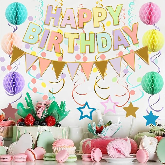 Pastel Birthday Decorations, Happy Birthday Banner with Honeycomb Balls, Stars Hanging Swirl Streamers, Buntings Circle Dots Garland, Party Decorations for Women Men Boys Girls (Multi-colored)