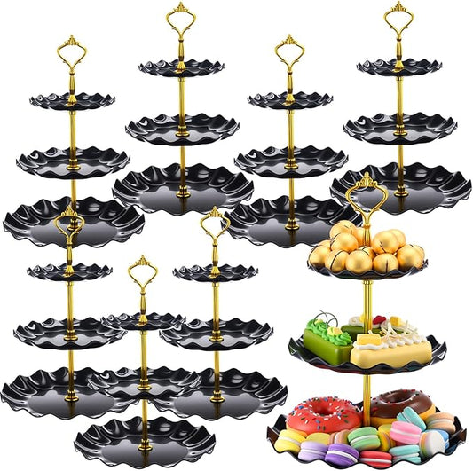Patelai 8 Packs 3 Tier Cupcake Stand Holder Plastic Cake Serving Display Stand Tower Donuts Cookie Dessert Tray Holder Wave Shape with Gold Rod for Wedding Birthday Baby Shower Tea Party(Black)