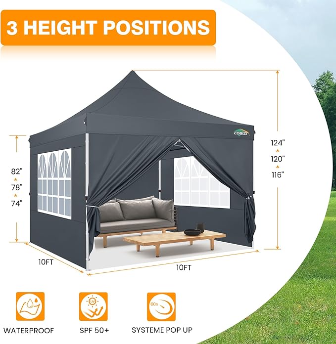 COBIZI 10x10 Pop Up Canopy with 4 Sidewalls, Canopy Tent 10x10 for Parties, Backyard, Commercial, Waterproof and Portable Instant Shelter UV50+ Outdoor Gazebo with 4 Sandbags(Light Gray)