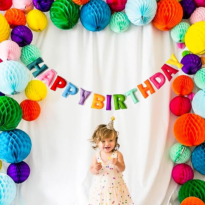 Pre-Strung Happy Birthday Banner - Felt Ball Garland, Rainbow Party Decorations, HAPPY BIRTHDAY Garland, Personalized Birthday Sign for Birthday Decor, Party Decor, Photo Prop (Colorful Happy Birthday Banner)
