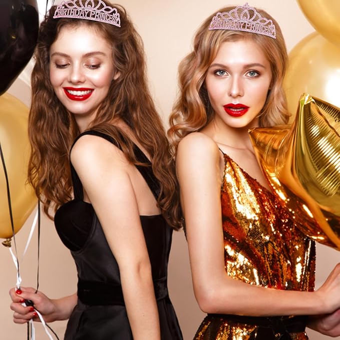 CAVETEE Princess Crowns and Sashes for Girls & Women - Birthday Party Decorations Set