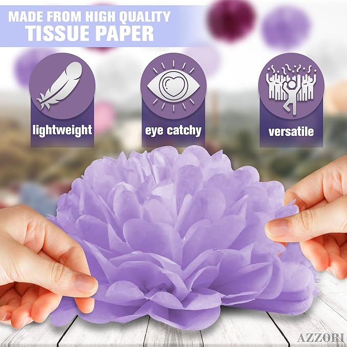 16 Pcs Purple Tissue Paper Pom Poms Set – Purple Decorations for Party with Pom Poms, Flowers & Lanterns – Elegant Reusable Decor with Soft Lavender Tones for Weddings, Events & Party Decorations