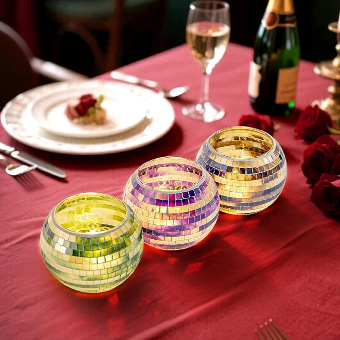 SOUJOY 6 Pack Votive Candle Holder, Handmade Mosaic Glass Tealight Holders, Diwali Decorative Scented Candle Bowl for Valentine, Party, Christmas Table Centerpiece Decor