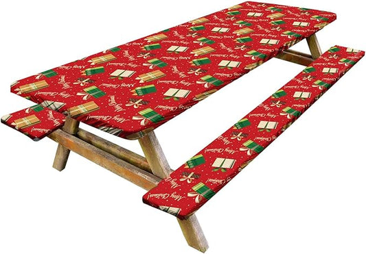 Picnic Table Cover with Bench Covers Set of 3, Elastic Fitted Tablecloth for 6 Foot Tables, Washable Polyester Tablecloths for Camping, Indoor & Outdoor