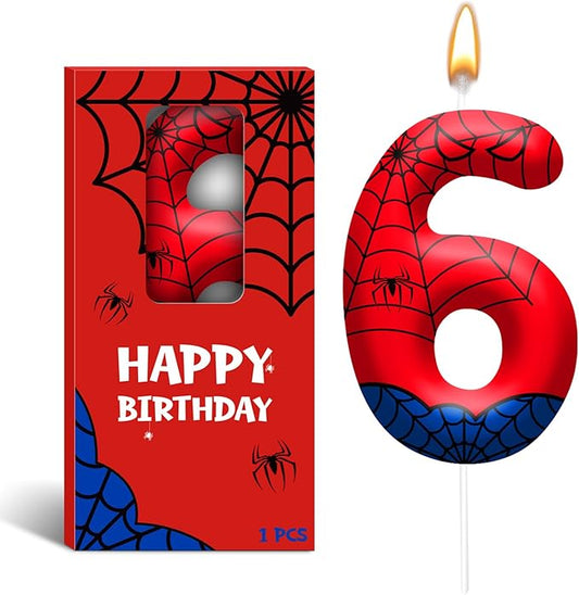 Spider Themed Birthday Candles Number 6 Red Blue Spider Web Themed Cake Topper Candle Party Decoration Birthday Party Celebrations Supplies Favors (Number 6)