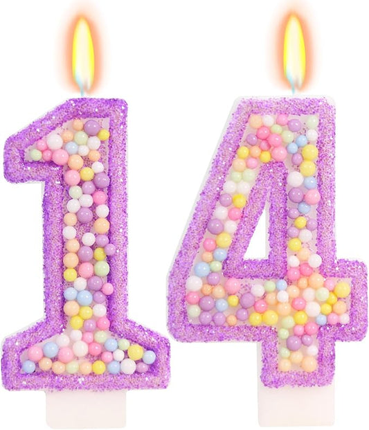 Purple Birthday Candles - Number 14 Candle, Colorful Macaron Candles, 14 Birthday Decorations for Girls, Purple Cake Decorations, Theme Party Supplies