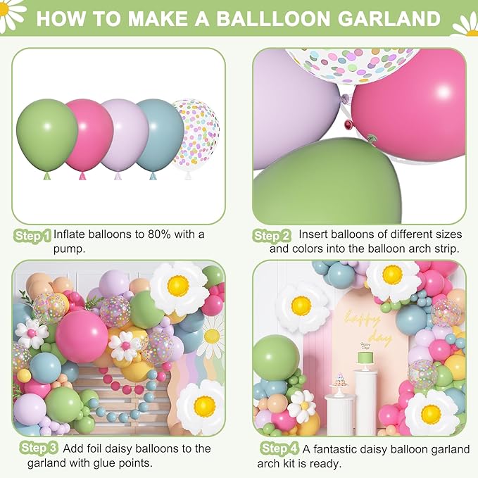 168Pcs Daisy Balloon Arch Garland Kit, Pink Green Blue Yellow Purple Confetti Daisy Wild Flower Balloons for Mothers Day Boho Two Groovy One Birthday Baby in Bloom Baby Shower Spring Party Decorations