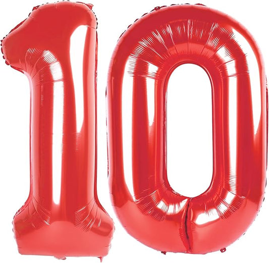 Number Balloon 10th Birthday Decorations, 40 Inch Big Foil Balloon for Men & Women, Red Number Balloons for Wedding Memorial Day Birthday Aniversarry Supplies
