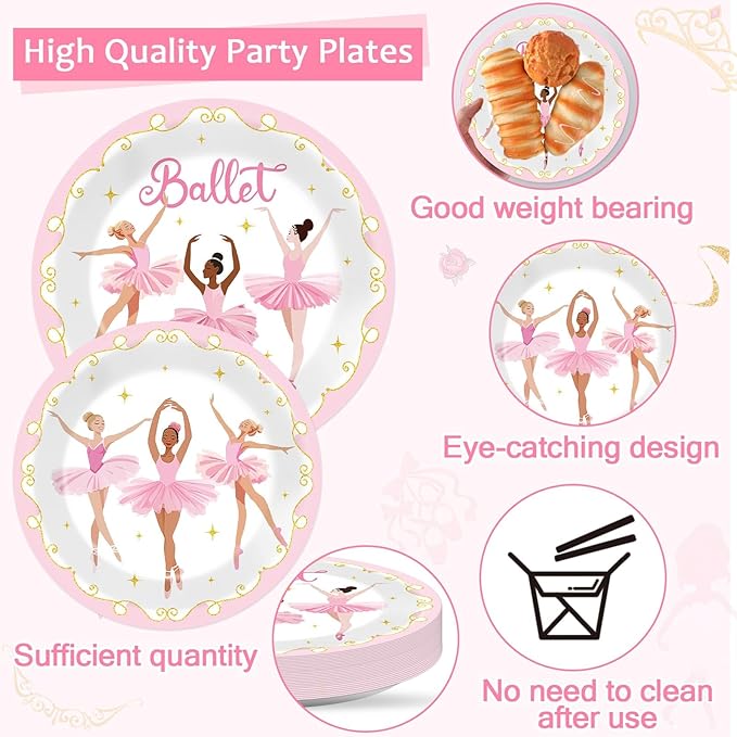Qyeahkj 100 Pcs Ballerina Birthday Party Decorations for Ballet Plates and Napkins Ballet Dress Paper Dinnerware Table Supplies Disposable Dancing Girl Birthday Party Tableware Decor Serves 25