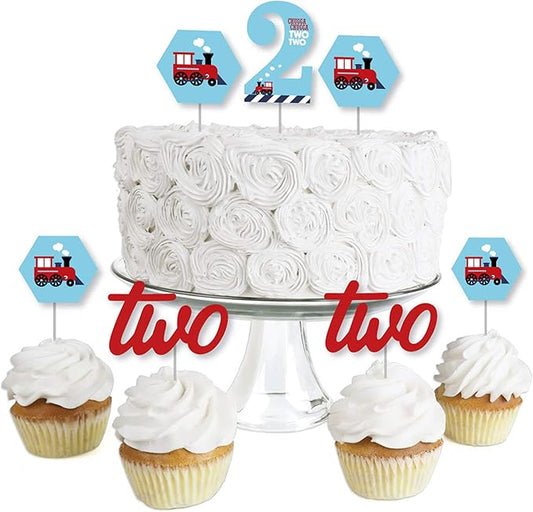 Big Dot of Happiness 2nd Birthday Railroad Party Crossing - Dessert Cupcake Toppers - Steam Train Clear Treat Picks - Set of 24
