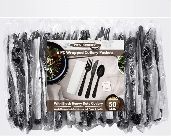 Party Essentials Individually Wrapped Plastic Cutlery Packets/Heavy Duty Silverware Kits, Fork/Spoon/Knife/Napkin/Salt/Pepper, 50 Utensils Sets, Black