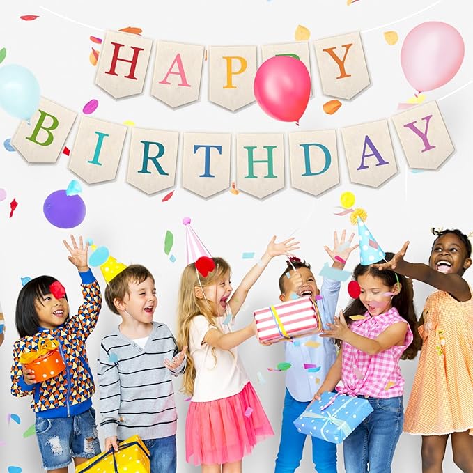 Doumeny Happy Birthday Felt Banner Boho Happy Birthday Garland Banner Colorful Birthday Felt Hanging Flag Rainbow Birthday Bunting Garland for Party Baby Shower Home Fireplace Nursery Backdrop Decor