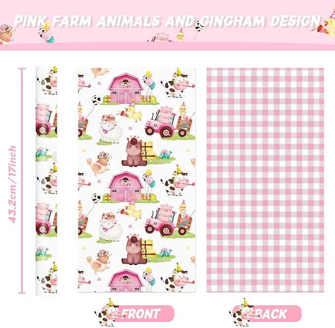 WERNNSAI Farm Animal Wrapping Paper - 1 roll 17” x 33 ft Pink Farm Gift Wrapping Paper for Kids Girls Birthday Baby Shower Animal Gift Wrap Barnyard Theme Party Favor Pink Plaid Design