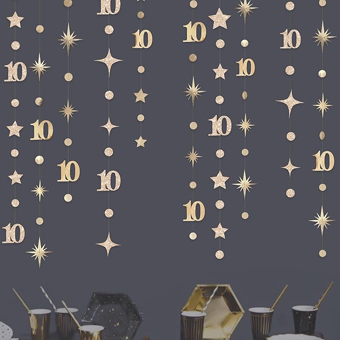 Champagne Gold 10th Birthday Decorations Number 10 Circle Dot Star Garland Streamer Banner Backdrop for Girls Boys Double Digits Cheers to 10 Years Old Birthday Happy 10th Anniversary Party Supplies