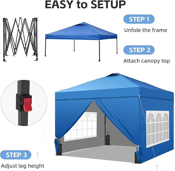 GDY 10x10FT Pop-Up Canopy Tent — Water-Resistant, UV-Protective Fabric, Portable Outdoor Event Tent with 4-Side Walls & Vented Top, Blue.
