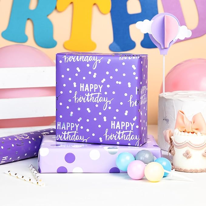 MAYPLUSS Birthday Wrapping Paper Roll - 17 Inch X 16.5 Feet - Purple Glitter Happy Birthday Lettering Metallic Foil Paper Girl Gift Wrap w/Polka Dot for Party