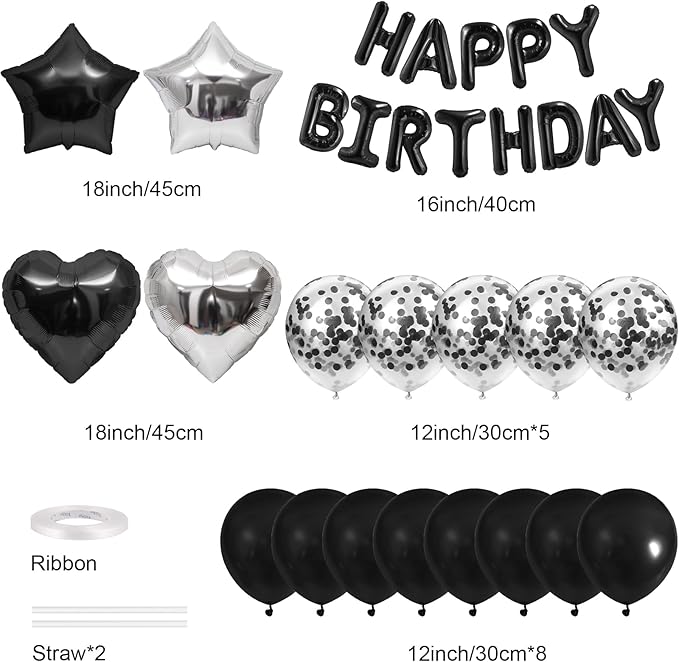 CANREVEL Happy Birthday Balloons Banner 16 Inch Mylar Foil Letters with Star & Heart Balloons Birthday Party Decorations for Men and Women - 30 Pcs Black